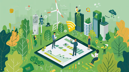 Image illustrating the use of sustainability analytics for green business planning and corporate responsibility, featuring ESG tools.の素材