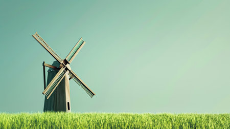 Abstract concept of a windmill with blank advertising space, symbolizing renewable energy and world-saving initiatives.の素材
