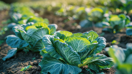 Neatly lined up young cabbage plants basking in the sun on a farm, illustrating vibrant agricultural growth and freshness.の素材