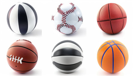 Diverse sports balls collection with rugby, basketball, soccer, volleyball, baseball, and tennis ball, isolated against white.の素材