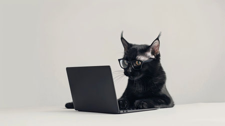 Cat with sleek black fur and glasses, focused on a laptop in a pristine white studio, blending cuteness with a techy twistの素材
