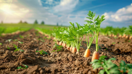 A row of young carrots growing neatly on a farm under a sunny sky, showcasing the vibrancy and health of fresh produceの素材
