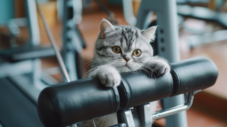 A plump cat adorably struggles while playing on an exercise machine, showcasing its cute determination against a gym backdrop. Perfect for fitness and pet-themed content.の素材