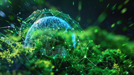 Conceptual image of sustainability analytics tools aiding green business planning, emphasizing corporate responsibility and ESG reporting.の素材