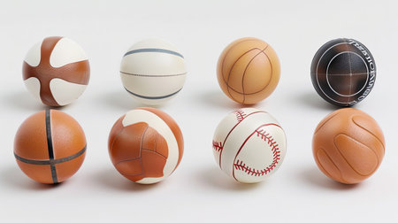 Variety of sports balls including rugby, basketball, soccer, volleyball, baseball, and tennis, isolated on a white background.の素材