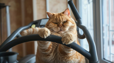 Adorable fat cat having a hard time on an exercise machine, creating a cute and funny moment. Perfect for playful and pet-themed stock photo needs.の素材