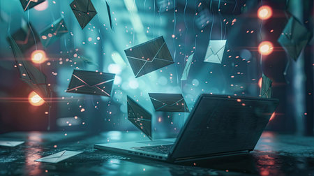 Digital marketing visualization with a laptop and soaring envelopes, emphasizing email campaigns and spam managementの素材