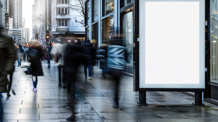 Empty white billboard with black border on a busy sidewalk, blurred pedestrians moving by, ideal for advertising space.の素材