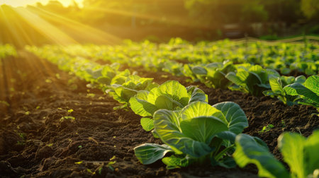 Beautiful rows of young cabbage plants growing on a sunny farm day, representing natural farming and healthy produce.の素材