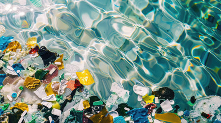 Close-up of microplastics in clear water, illustrating the critical issue of plastic pollution affecting oceans and drinking water safety. --ar 16:9の素材