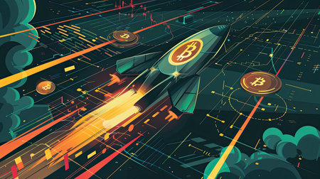 Bitcoin graph with a rocket and increasing lines, illustrating the rapid growth and market surge of Bitcoin. AI generative illustrationの素材