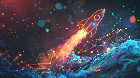 Rocket blasting off on a Bitcoin graph with rising trend lines, showcasing the booming cryptocurrency market. AI generative illustration.の素材