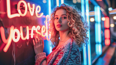 Self-love concept featuring a beautiful long curly blonde woman, with a bright "Love Yourself" message sign in the backgroundの素材