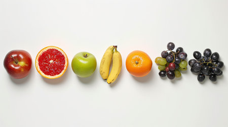 Variety of fruits laid out on an abstract white background, captured from a top-down perspective, promoting health and wellness.の素材