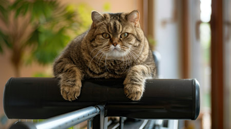 Overweight cat attempting to use an exercise machine, providing a charming and humorous scene. Great for content focusing on pet health and fitness.の素材