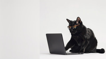 Stylish black cat with glasses, seated at a laptop on a clean white background in a studio setting, exuding a tech-savvy charm.の素材