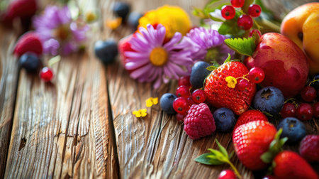 Close-up of a wooden table with juicy fruit, colorful flowers, and fresh berries, perfect for a fresh display. Room for ads.の素材