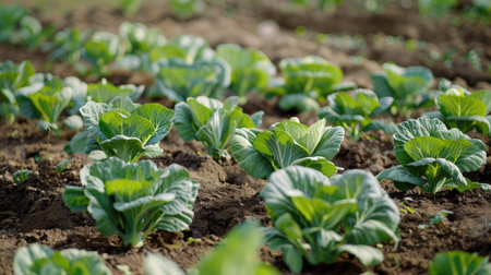 Farm scene with young cabbage plants in perfect rows under the sun, highlighting the beauty and order of agriculture.の素材
