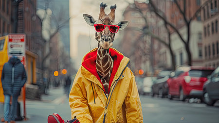 Giraffe dressed in a hipster jacket, glasses, and red boots, proudly strolling through city streets, showing off its fashionable look.の素材