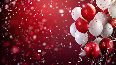 Red and white balloons, confetti, and ribbons on a celebratory backdrop, perfect for birthdays and anniversaries. Space for ads.の素材