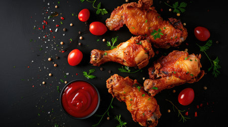 Fried chicken pieces coated with batter, served with tomatoes or ketchup on a black background. Delicious fast food with perfect flavor ingredients. Space for ads.の素材