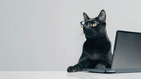 Cat with sleek black fur and glasses, focused on a laptop in a pristine white studio, blending cuteness with a techy twistの素材