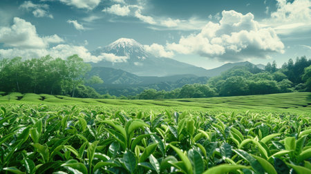 Lush green tea fields stretching towards Mount Fuji, with the majestic peak rising in the background, blending nature and agriculture.の素材