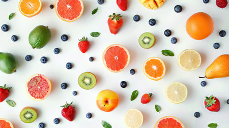 Top view of assorted healthy fruits against an abstract white background, perfect for diet and nutrition themes.の素材