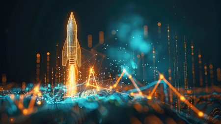 Bitcoin graph with a rocket and increasing lines, illustrating the rapid growth and market surge of Bitcoin. AI generative illustrationの素材