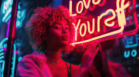 Long curly blonde woman embracing self-love, highlighted by a glowing "Love Yourself" message sign. Perfect for promoting self-confidence and positivity.の素材