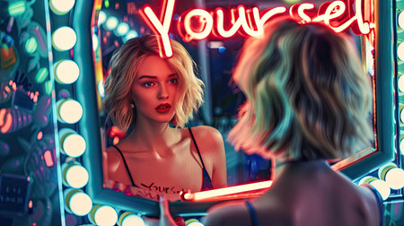 Empowering concept image of a beautiful blonde woman looking in the mirror, with a bright "Love Yourself" message sign.の素材