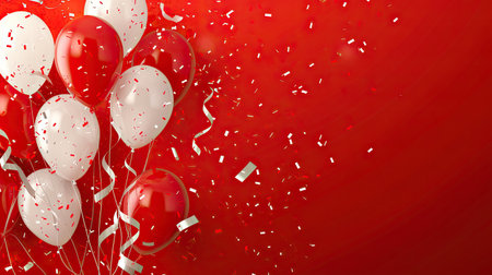 Festive background with red and white balloons, confetti, and ribbons, with ample space for advertisements. Great for celebrations.の素材