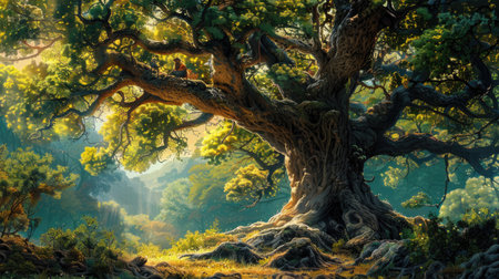 Large Chamchuri tree with a prominent trunk and elegant branches, adorned with lush foliage, creating a picturesque scene.の素材