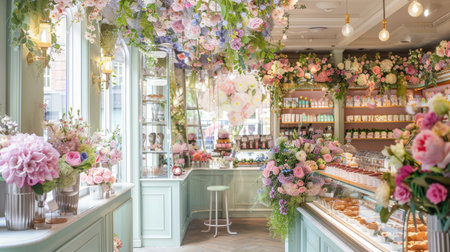 Beautiful floral decorations at Peggy Porschen bakery in Belgravia, showcasing the Chelsea in Bloom annual floral exhibition.の素材