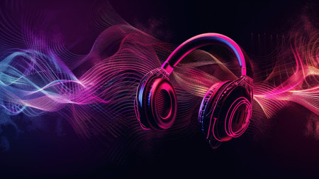 Podcast banner concept with vibrant sound waves and headphones on a dark background, radiating energy and excitement.の素材