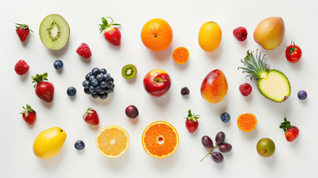 Assorted healthy fruits arranged on a white backdrop, top view, ideal for promoting nutritious eating habits.の素材