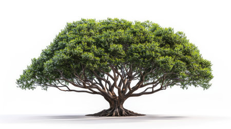 Imposing Chamchuri tree with a robust trunk and intricate, beautifully branched leaves, highlighted on a white backgroundの素材