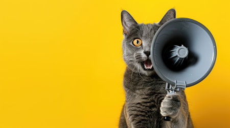 Grey cat with wide eyes holding a megaphone against a vibrant yellow background, creating a fun and energetic announcementの素材