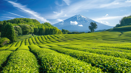 Picturesque view of green tea fields leading to Mount Fuji, highlighting the scenic beauty of Japan's countryside.の素材