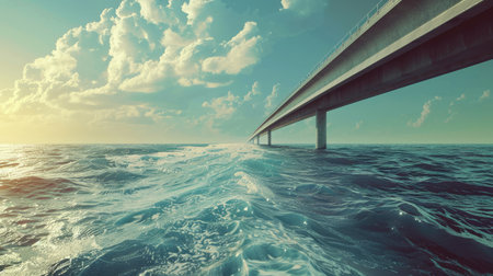 Sea landscape with a bridge extending to the horizon, creating a scenic and endless view over the water.の素材