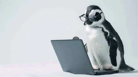 Stylish penguin with eyeglasses, sitting and using a laptop, set against a white studio background. Ideal for educational and tech-related designsの素材