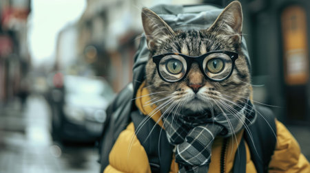 A hipster cat wearing glasses and a jacket, confidently walking around the city streets, exuding a handsome and fashionable vibe.の素材