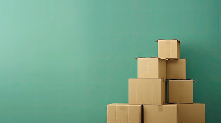 Tidy stack of cardboard boxes on a simple background, illustrating concepts of moving, packing, and storage organization.の素材
