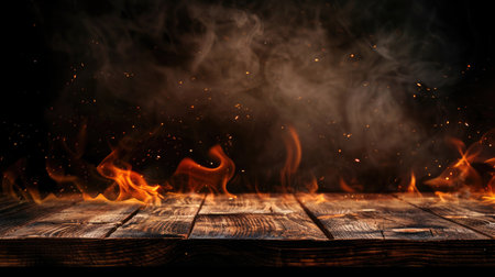 Blank wooden table with fire burning at the edge, fire sparks and smoke with flames on a dark background. Perfect for displaying products in a dramatic setting.の素材