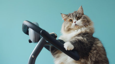 Chubby cat playfully interacting with an exercise machine, highlighting the cute and humorous side of fitness for pets. Ideal for light-hearted and pet-related designs.の素材