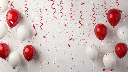 Celebration background featuring red and white balloons, confetti, and ribbons, with room for advertising. Ideal for various celebrations.の素材
