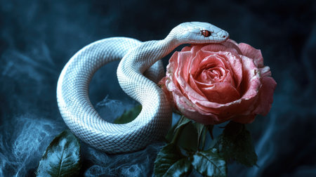 Beauty in contrasts: A white snake gracefully intertwined with a rose, representing the fascinating interplay of elegance and mysteryの素材
