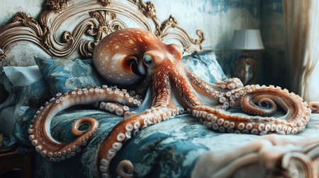 Fantasy meets reality: An octopus resting on a bed, a surreal depiction that blurs the lines between dreams and the real worldの素材