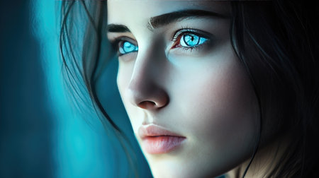 Deep contemplation: A close-up portrait of a woman with striking blue eyes, her expression pensive and introspectiveの素材