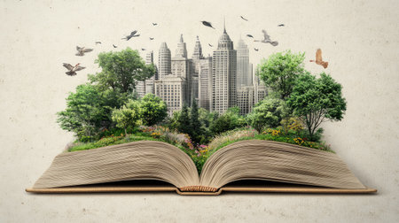 An open book on a beige background: A magical scene unfolds as trees, buildings, and birdsの素材